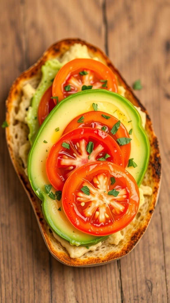 Crispy toast with avocado and tomato slices, garnished with herbs and olive oil on a wooden table.